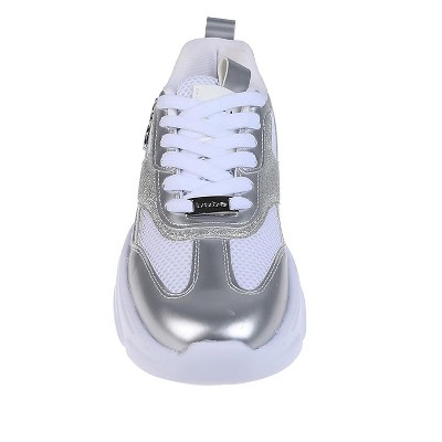 Женские кроссовки Bebe Women's Fashion Platform Lace-Up Shoes - Chunky Sneakers with Mesh & Rhinestone Accents, Silver, 9 — фото 4