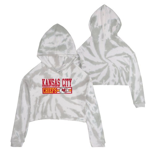 NFL Kansas City Chiefs Girls' Gray Tie-Dye Crop Hooded Sweatshirt - L