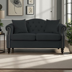 57" Velvet Chesterfield 2-Seater Sofa with Rolled Arms & Nailhead Trim - 1 of 4