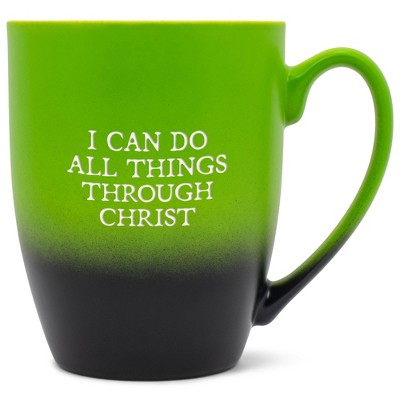 Elanze Designs I Can Do All Things Through Christ Two Toned Ombre Matte Green and Black 12 ounce Ceramic Stoneware Coffee Cup Mug