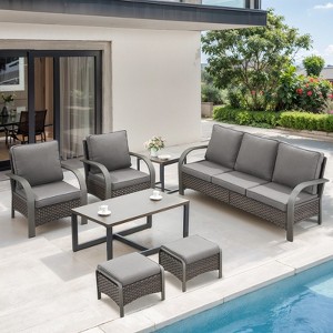 Belord 7PCS Outdoor Patio Furniture Set, All Weather Brown Wicker Outdoor Conversation Set with Couch, Patio Chair, Ottoman, Coffee Table, Side Table - 1 of 4