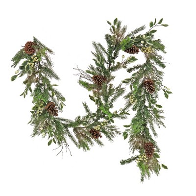 HGTV Home Collection Pre Lit Artificial Christmas Shrub Planter Filler,  Mixed Branch Tips, Decorated with Pinecones, Battery Powered, 26 Inches