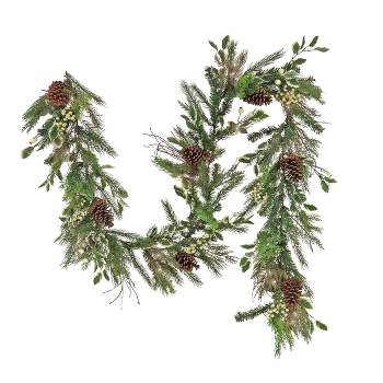 HGTV Home Collection 9ft Pre Lit Artificial Christmas Garland, Mixed Branch Tips, Decorated with Pinecones, Holly, and Berries