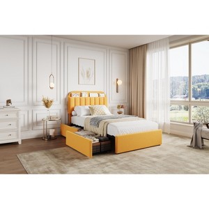 Boucle Upholstered Kids Bed Frame with Bookcase Headboard, 2 Drawers, Noise-Free, Easy Assembly, No Box Spring Needed - 1 of 4