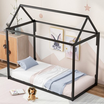 Twin Size Metal House-Shaped Floor Bed with Roof and Chimney Design, Modern  Platform Bed Frame, No Box Spring Required, for Kid' Room or Baby Room