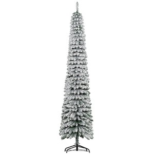 HOMCOM 8' Tall Unlit Snow Flocked Artificial Christmas Tree, Slim Pencil Xmas Tree with Realistic Branches and 603 Tips, Green - 1 of 4