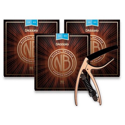 D'Addario NB1253 Nickel Bronze Light 3-Pack Acoustic Strings and NS Reflex Capo Antique Bronze