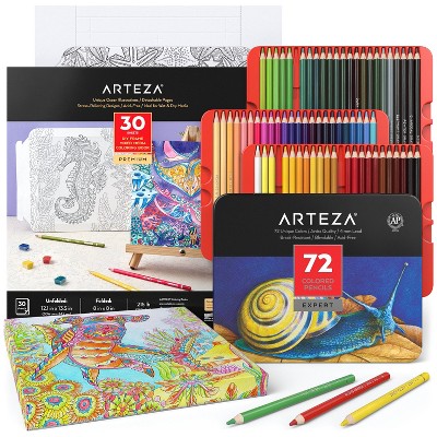 Arteza Premium Expert Ocean Coloring Set - 30 DIY Frame Sheets, 72 Colored Pencils, Set for Adults Kids Artists (ARTZ-3868)