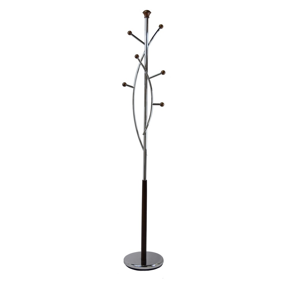 Proman Products Silver Tree Coat Rack Walnut: Metal Frame, 7 Hooks, 68" Tall, Freestanding Design