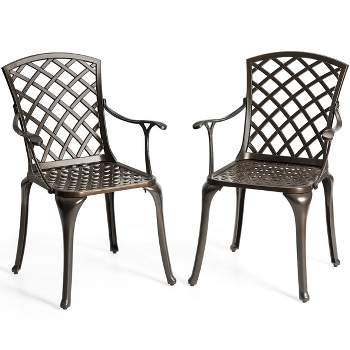 Costway Outdoor Cast Aluminum Arm Dining Chairs Set of 2 Patio Bistro Chairs, Brown