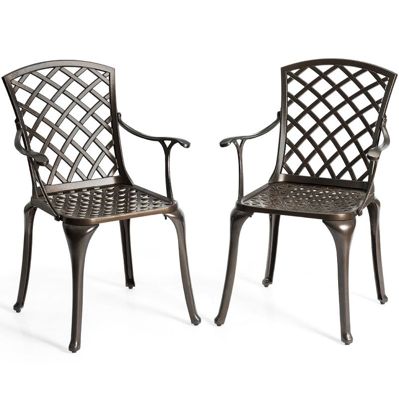 Costway Outdoor Cast Aluminum Arm Dining Chairs Set of 2 Patio Bistro Chairs, Brown, 1 of 11