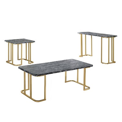 3pc Trillick Coffee Table Set with Faux Marble Top Gold/Black - miBasics