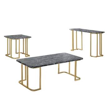 3pc Trillick Coffee Table Set with Faux Marble Top Gold/Black - miBasics