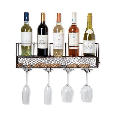 UNDER CABINET Mounted Rustic Wood Wine Rack Hanging Stemware Glass