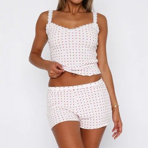 Clotth Women Sexy 2 Piece Pajama Set Sleeveless Lace Trim Crop Cami Top and Shorts Pj Set Y2K Knitted striped Sleepwear Lounge Outfits - 1 of 4