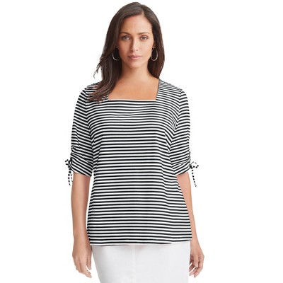 Jessica London Women's Plus Size Stretch Cotton Tie Sleeve Square Neck Tee
