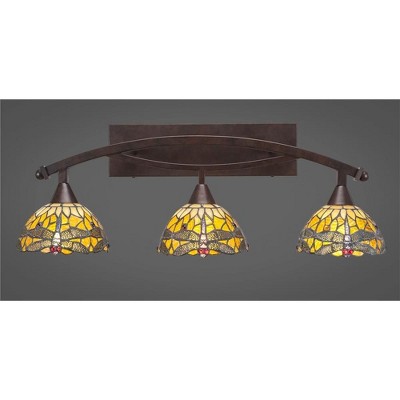 Toltec Lighting Bow 3 - Light Vanity in  Bronze with 7" Amber Dragonfly Art Glass Shade