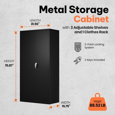 Black Metal Freestanding Wardrobe Cabinet with Adjustable Shelves and Lockable Doors