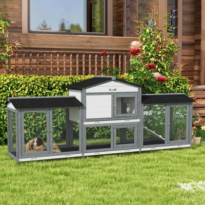 Gray Wooden Guinea Pig Hutch with Double Run and Ramp