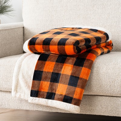 Black and Orange Buffalo Plaid Sherpa Fleece Reversible Blanket