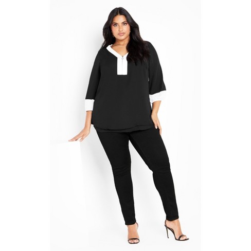 AVENUE | Women's Plus Size V Neck Essential 3/4 Sleeve Tee - black - 26W/28W