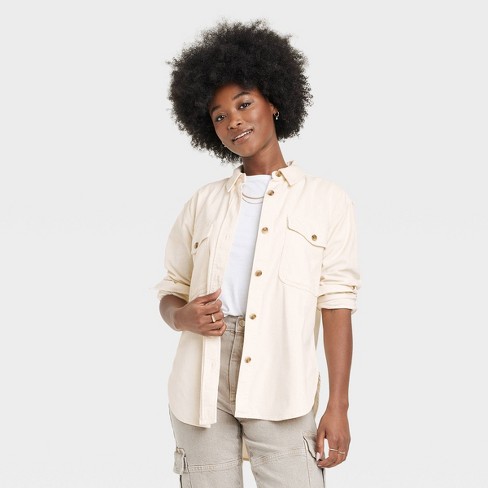 Women's Oversized Corduroy Long Sleeve Collared Button-Down Shirt -  Universal Thread™ Cream XS