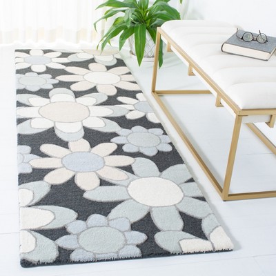 Charcoal and Ivory Floral Hand-Tufted Wool Kids Rug