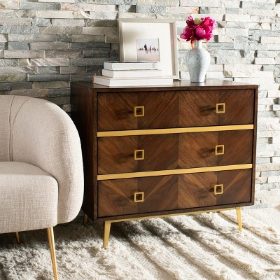 Katia Transitional 3-Drawer Walnut Chest with Gold Accents