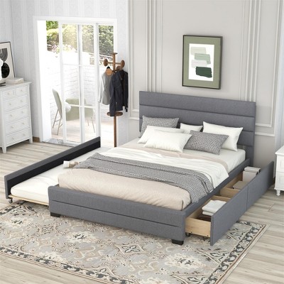 Queen Size Upholstered Platform Bed With Twin Size Trundle Bed And Two ...