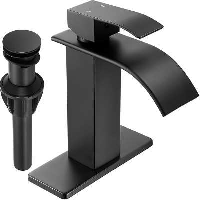 Attop Black Waterfall Bathroom Faucet, Single Handle, Suitable for Single or Three-Hole Bathroom Sinks, with Base and Spring-loaded Drain