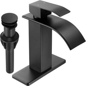 Attop Black Waterfall Bathroom Faucet, Single Handle, Suitable for Single or Three-Hole Bathroom Sinks, with Base and Spring-loaded Drain - 1 of 4