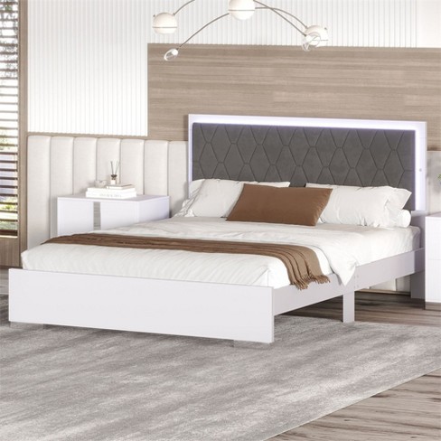 Queen Size Upholstered Bed With LED Lights, Modern Platform Bed With Velvet Headboard, Solid Wooden Slats Support, No Box Spring Needed - image 1 of 4