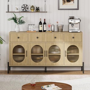 62" Large Sideboard with Storage and 3 Drawers, Self-Service Coffee Bar Storage Cabinet with 4 Glass Doors for Dining Room, Living Room, Kitchen - 1 of 4