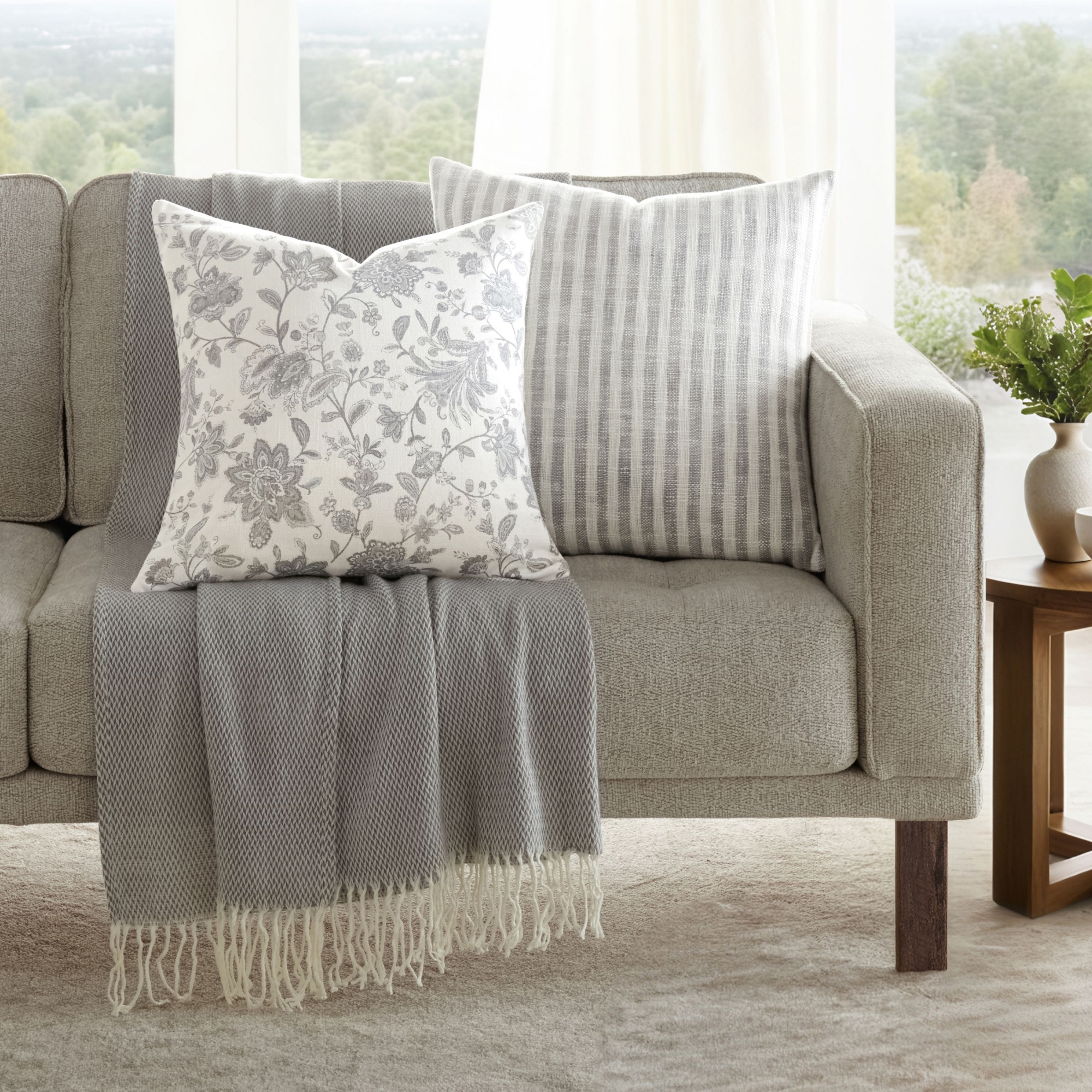 2-Pack Yarn-Dyed Patterns Gray Throw Pillows in Yarn-Dyed Bengal Stripe & Jacobean - Becky Cameorn, Gray Yarn-Dyed Bengal Stripe / Jacobean, 20 x 20