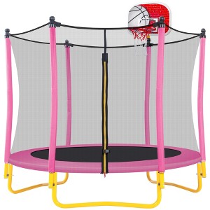 SEVOBAL Trampolines, 55-Inch Kids Trampoline with Safety Enclosure Net and Basketball Hoop for Indoor Outdoor Play, Pink, 65"*65"*76.5" - 1 of 4