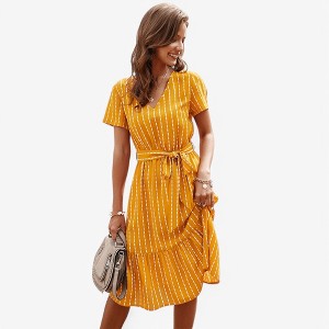 Anna-Kaci Women's V-Neck Short Sleeve Tiered Midi Dress with Waist Tie - 1 of 4
