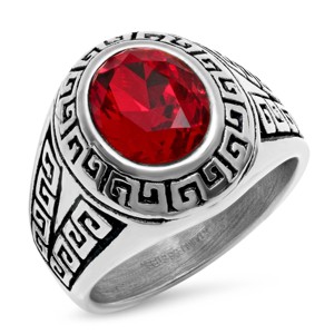 Steeltime Men's stainless steel greek key accented ring with red simulated diamond. Color Options: Silver, Gold. Size Options: 9-12 - 1 of 4
