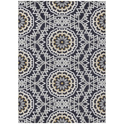 Black Ivory And Gray Floral Medallion Washable Indoor Outdoor Area Rug