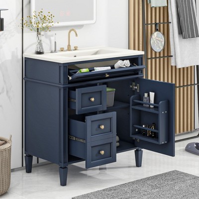 ALEXOUN 30" Solid Wood Frame Bathroom Vanity Cabinet with Sink,Single Sink Bathroom Storage Cabinet with 1 Door,2 Drawers & Tip-Out Drawer