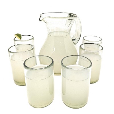 Dos Sueños Mexican Hand Blown Glassware Combo Set - Natural Pitcher and Drinking Glasses