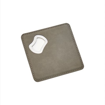 Slickblue 2-in-1 Coaster & Bottle Opener, 4"x4", Caramel/Grey Leatherette, Ideal Gift for Beverage Enthusiasts