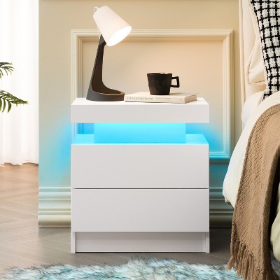 QingMoon Modern End Side with 2 Drawers, with LED Night Stand, Wood Drawers, for Bedroom