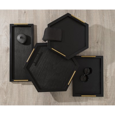 Elegant Black and Gold Rectangular Wooden Tray with Polished Handles, 24x10