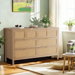 6 Drawer Dresser Rattan Dresser with Metal Handles, Farmhouse Wood Storage Chest of Drawers for Bedroom, Living Room, Hallway, Entryway - 1 of 4