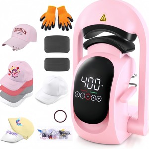 HOMDOX Auto Hat Heat Press Transfer 3-in-1 w/3 Pcs Interchangeable Platens (70/80/90 mm) Touchscreen 5 × DTF 1 × Hat for All Hat Shapes Purple/Pink - 1 of 4