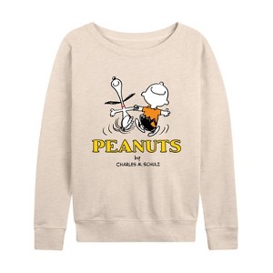 Women's - Peanuts - Charlie Snoopy Dancing Lightweight French Terry Wide Neck Long Sleeve Shirt - 1 of 4