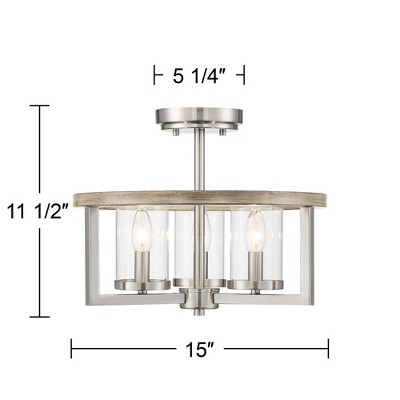 Senna Brushed Nickel and Gray Wood 17" Drum Ceiling Light with Clear Glass