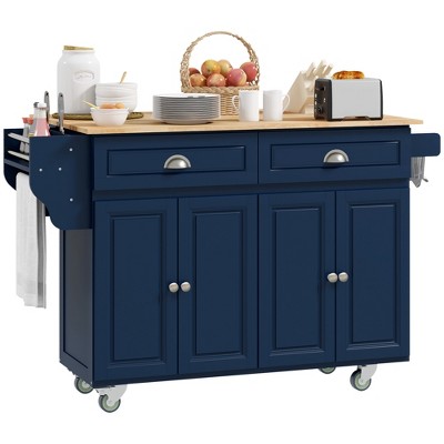 HOMCOM Rolling Kitchen Island Drop Leaf, Kitchen Cart on Wheels, Solid Wood Top Breakfast with Storage Drawers, Cabinets and Spice Rack