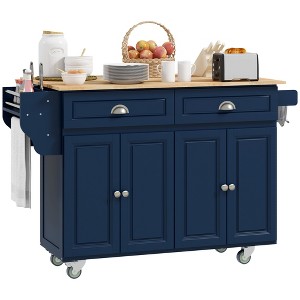 HOMCOM Rolling Kitchen Island Drop Leaf, Kitchen Cart on Wheels, Solid Wood Top Breakfast with Storage Drawers, Cabinets and Spice Rack - 1 of 4