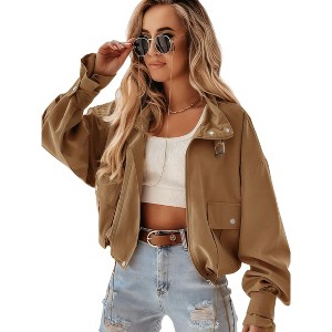 Imily Bela Womens Loose Fit Cropped Bomber Jacket Zip Up Long Sleeve Casual Outerwear with Pockets - 1 of 4